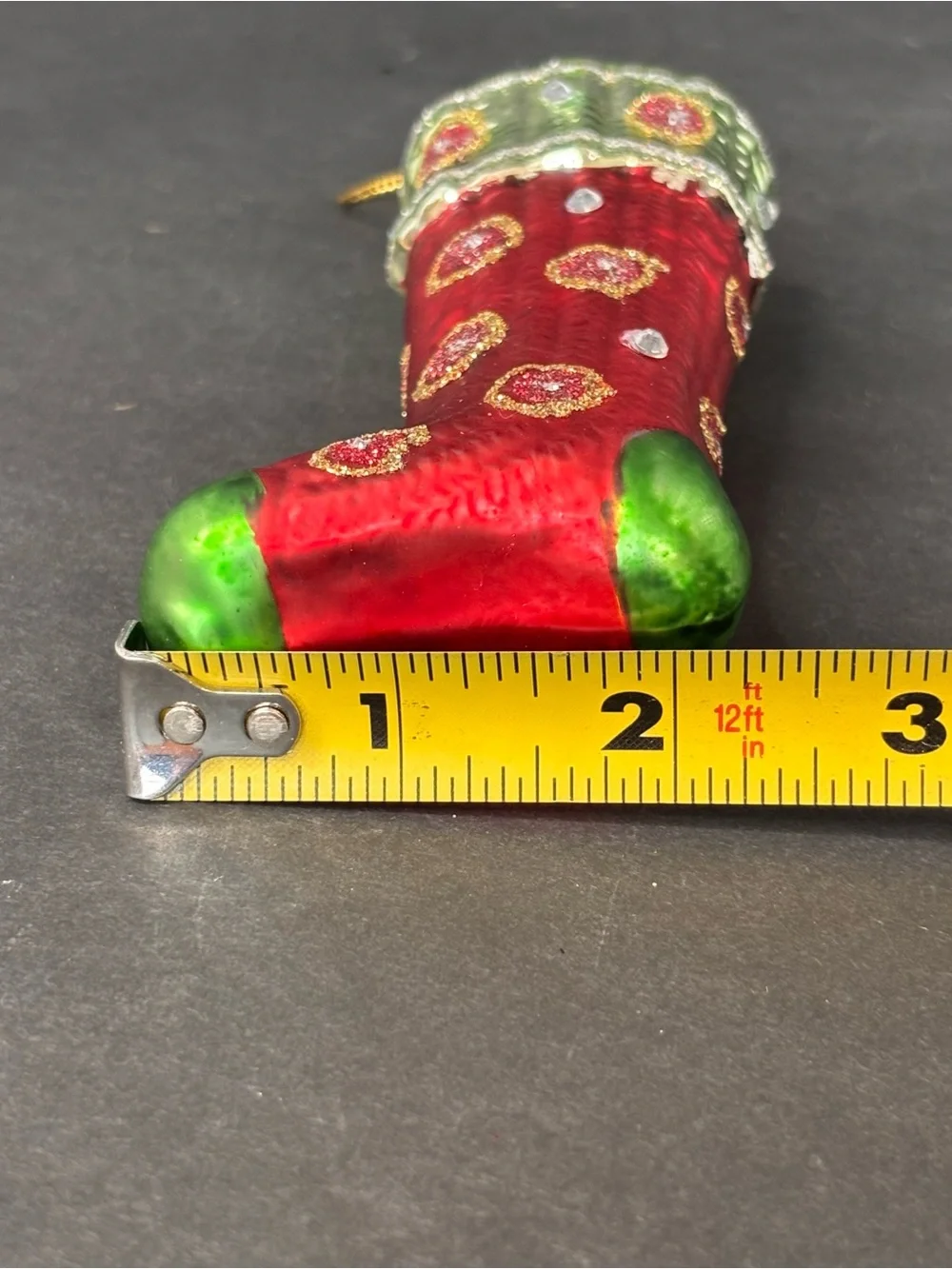 Vintage Blown Glass Christmas Stocking Ornament Red Green Glitter Gems 5”
